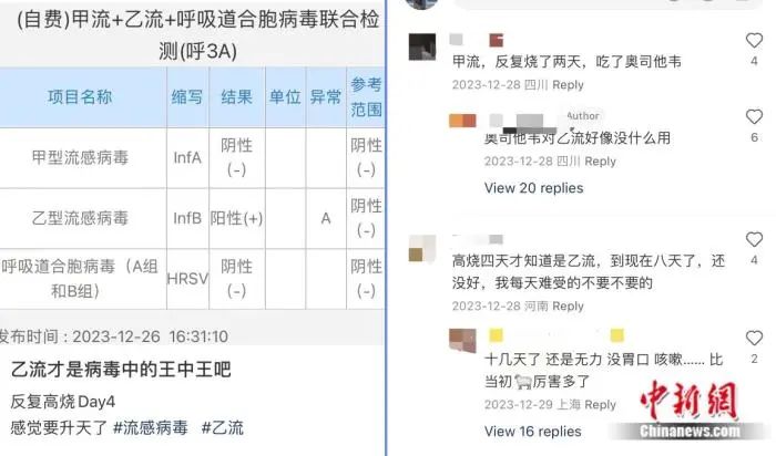 社交媒体上网友分享的乙流患病感受。 大人小孩接连中招!有人称“疼到骨头缝里”……