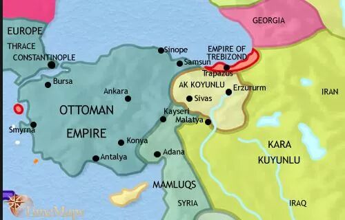 奥斯曼(深绿色),马木留克(浅绿色),格鲁吉亚(桃红色),特拉布宗(红色