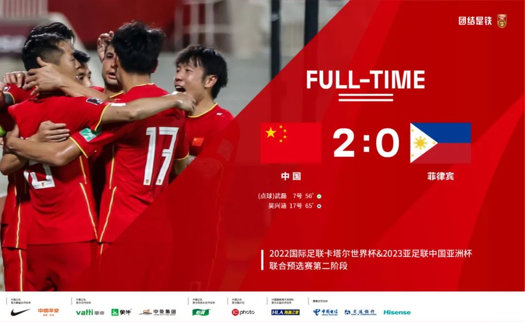 中国队2-0战胜菲律宾队 为进军十二强赛奠定基础