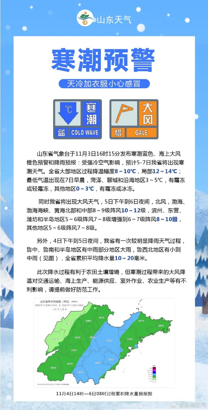 紧急提醒：莱州3℃+局部大雨+11级风+霜冻！做好防范！